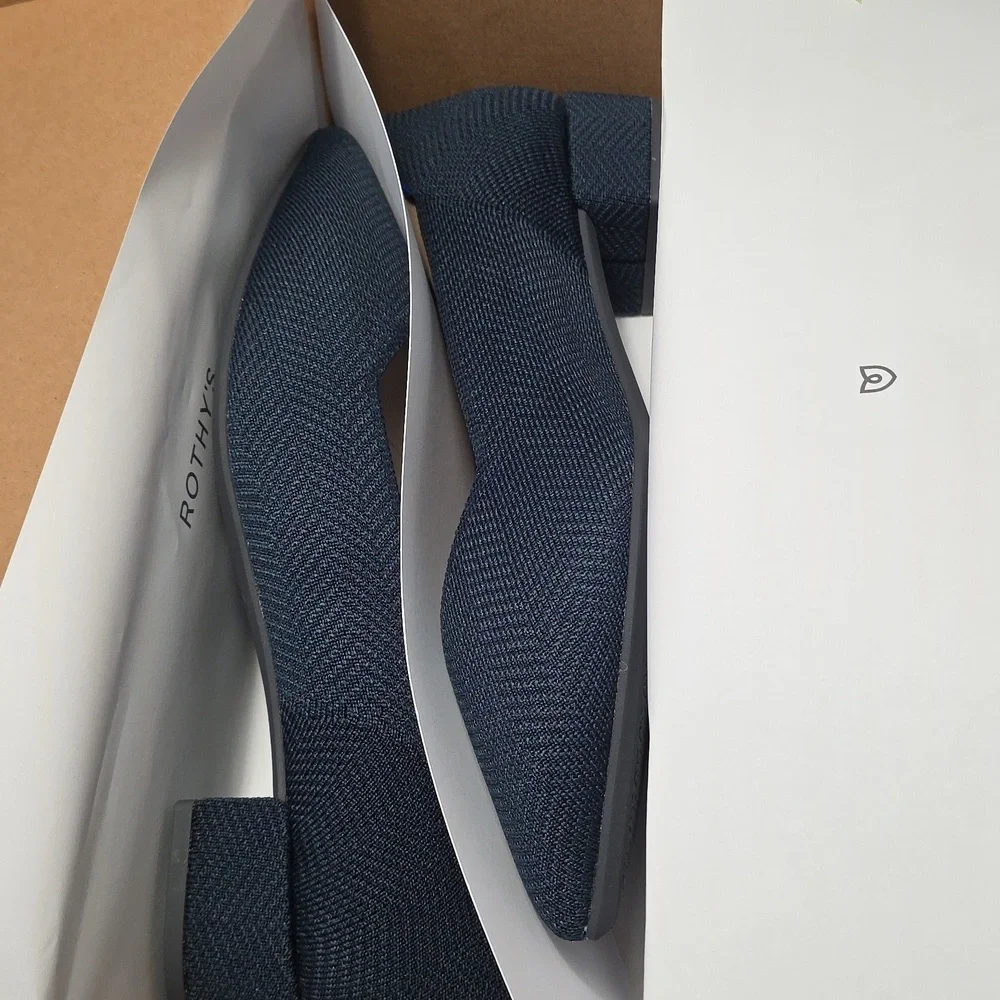 NIB‎ Rothy’s The High Point Navy Herringbone Low block Heels 12.5
